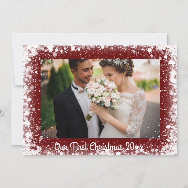 Our First Christmas Photo Snow Typography Red Holiday Card (Front)