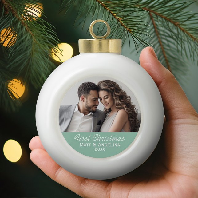 Our First Christmas Photo - Wedding or Engagement Ceramic Ball Christmas Ornament (Personalized Photo Ornament Ball)