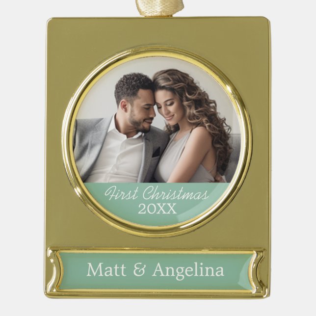 Our First Christmas Photo - Wedding or Engagement Gold Plated Banner Ornament (Front)