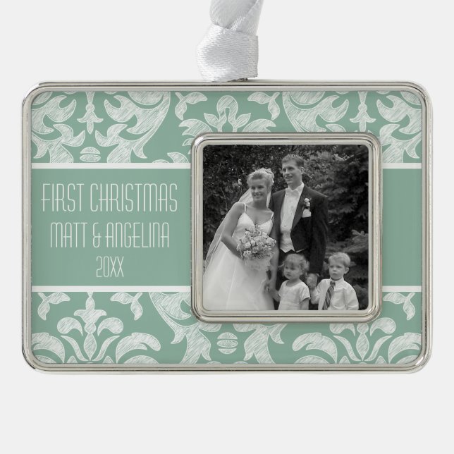 Our First Christmas Photo - Wedding or Engagement Silver Plated Framed Ornament (Front)
