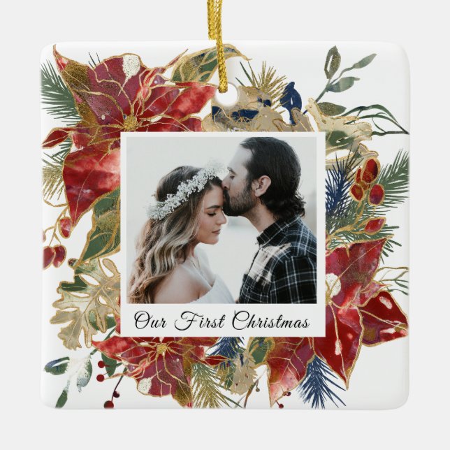 Our First Christmas Photograph Elegant Floral Ceramic Ornament (Front)