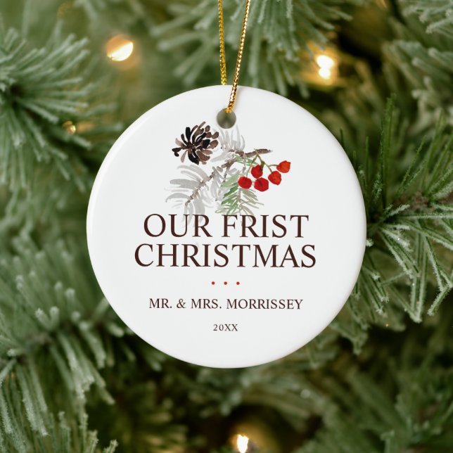 Our First Christmas Pine Cone Berries Photo Ceramic Tree Decoration (Tree)
