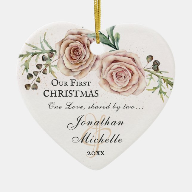Our First Christmas Pink Floral Bible Verse Ceramic Tree Decoration (Front)