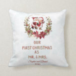 Our First Christmas Poinsettia Wreath Snowflakes Cushion<br><div class="desc">Elegant and romantic design featuring Mrs and Mr SANTA,  a beautful poinsettia wreath and sparkles faux sequins OUR FIRST CHRISTMAS typography. Use Customise tool to add your info and text. For more,  visit,  please,  my Our First Christmas Collection.</div>