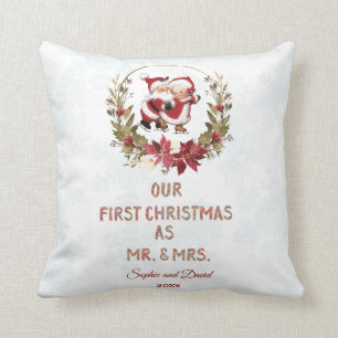 Our First Christmas Poinsettia Wreath Snowflakes Cushion