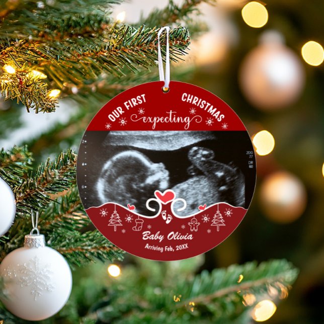 Our First Christmas Pregnant Sonogram Baby Photo  Ornament (Ultrasound baby expecting Christmas ornament)