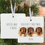 Our First Christmas Puppy Dogs Panoramic Photo Ceramic Ornament<br><div class="desc">Create your own adorable Christmas ornament for your puppy dogs first christmas. The photo template is set up for you to add one of your favourite pictures. I used a panoramic / widescreen photo for the sample idea - if you don't have one of those, use a regular landscape photo...</div>