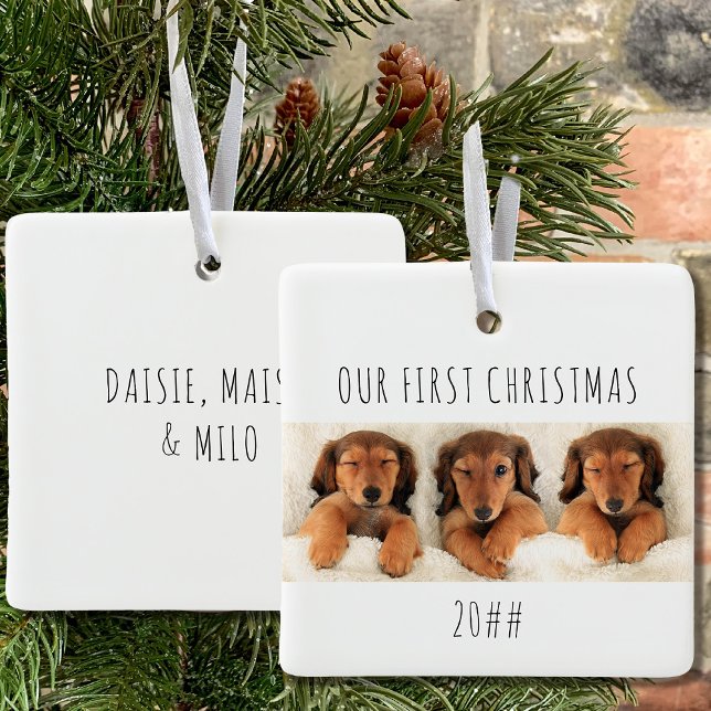 Our First Christmas Puppy Dogs Panoramic Photo Ceramic Ornament (Puppy first christmas keepsake ornament with 3 photos and name(s) on the back)