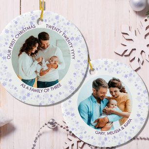 Our First Christmas Purple Ditsy Snowflake Photo Ceramic Tree Decoration