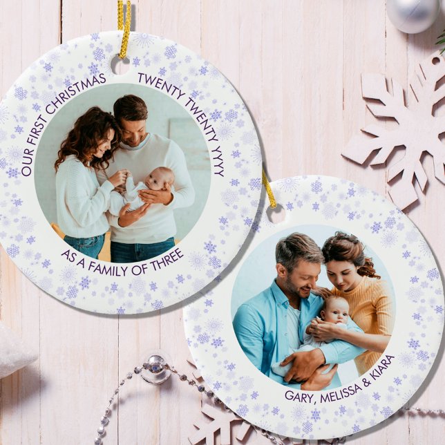 Our First Christmas | Purple Ditsy Snowflake Photo Ceramic Tree Decoration (Creator Uploaded)
