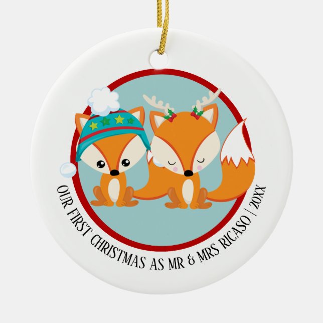 Our First Christmas Red Foxes Personalised Ceramic Tree Decoration (Front)