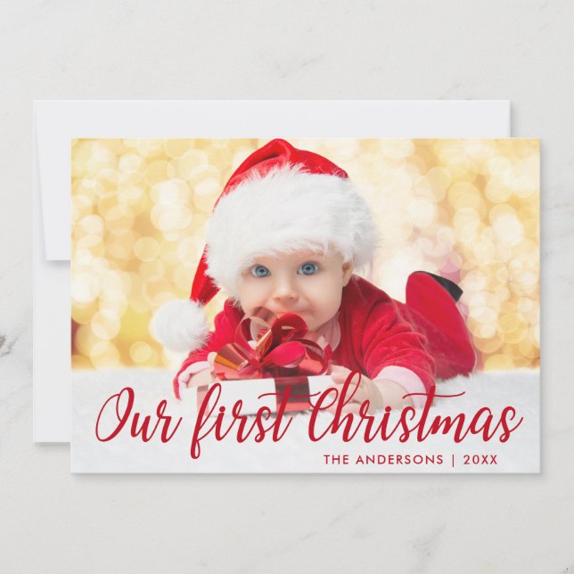 Our First Christmas Red Script Photo Card (Front)