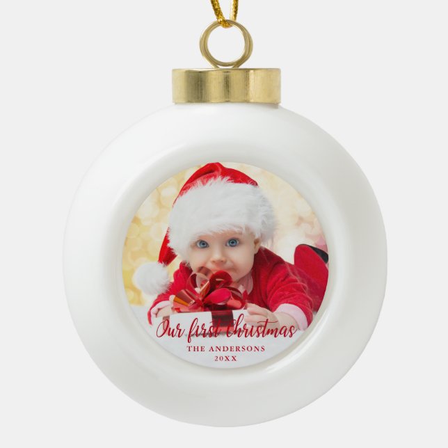 Our First Christmas Red Script Photo Ceramic Ball Christmas Ornament (Front)