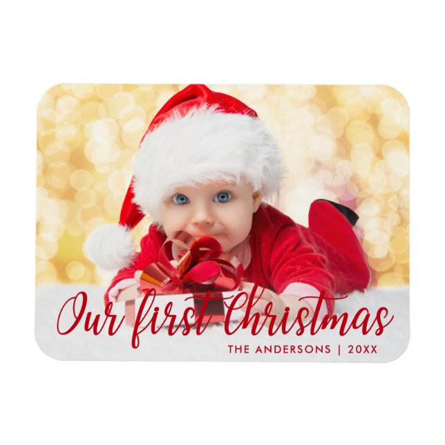 Our First Christmas Red Script Photo Magnet (Horizontal)