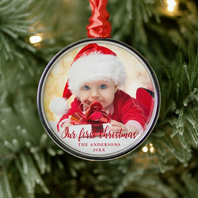 Our First Christmas Red Script Photo Metal Tree Decoration (Tree)