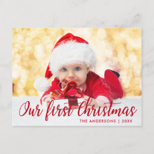 Our First Christmas Red Script Photo Postcard