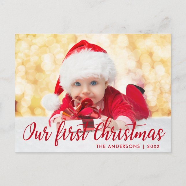 Our First Christmas Red Script Photo Postcard (Front)
