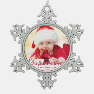 Our First Christmas Red Script Photo Snowflake Pewter Christmas Ornament