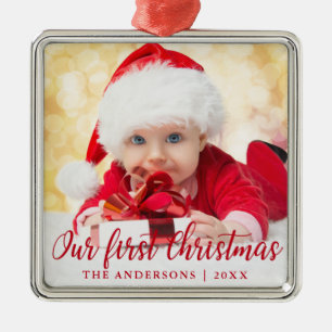 Our First Christmas Red Script Photo Square Metal Tree Decoration