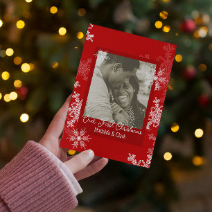 Our First Christmas Red Snowflakes Minimalist  Holiday Card