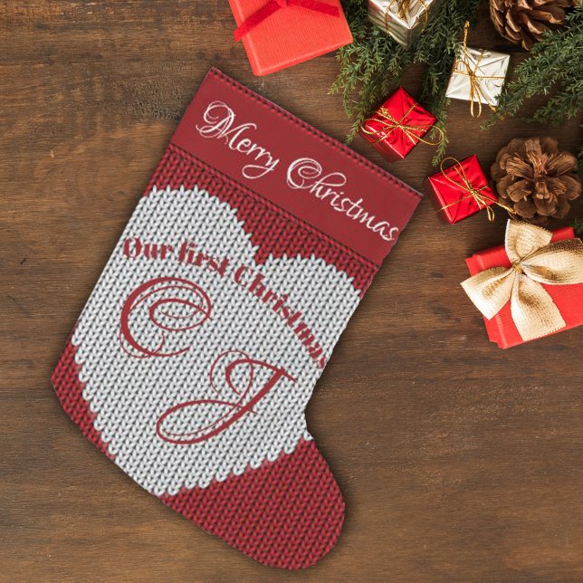Our First Christmas Red Woollen Knit Heart Monogra Large Christmas Stocking (Creator Uploaded)