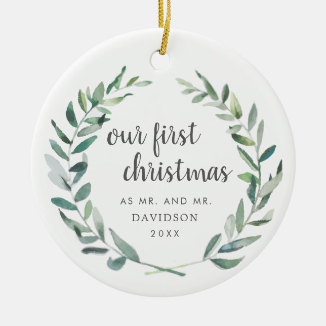 Our First Christmas Rustic Gay Newlywed Photo Ceramic Tree Decoration (Front)