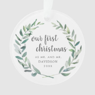 Our First Christmas Rustic Gay Newlywed Photo Ornament
