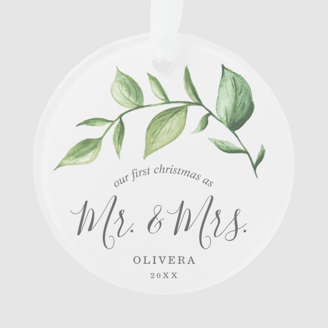 Our First Christmas Rustic Greenery Newlywed Photo Ornament (Front)