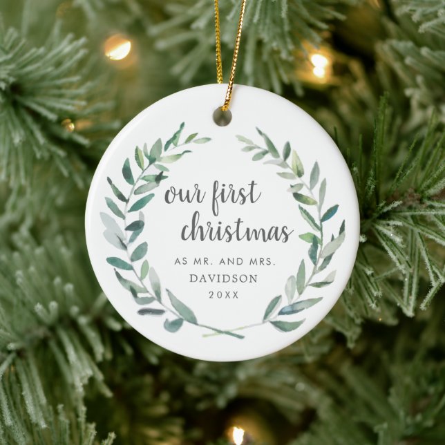 Our First Christmas Rustic Greenery Photo Newlywed Ceramic Tree Decoration (Tree)