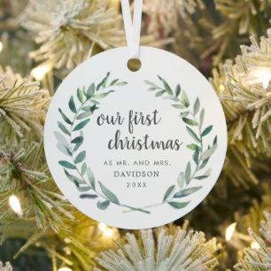 Our First Christmas Rustic Greenery Photo Newlywed Metal Tree Decoration