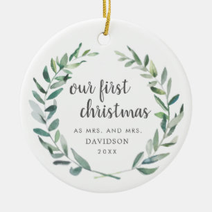Our First Christmas Rustic Lesbian Newlywed Photo Ceramic Tree Decoration