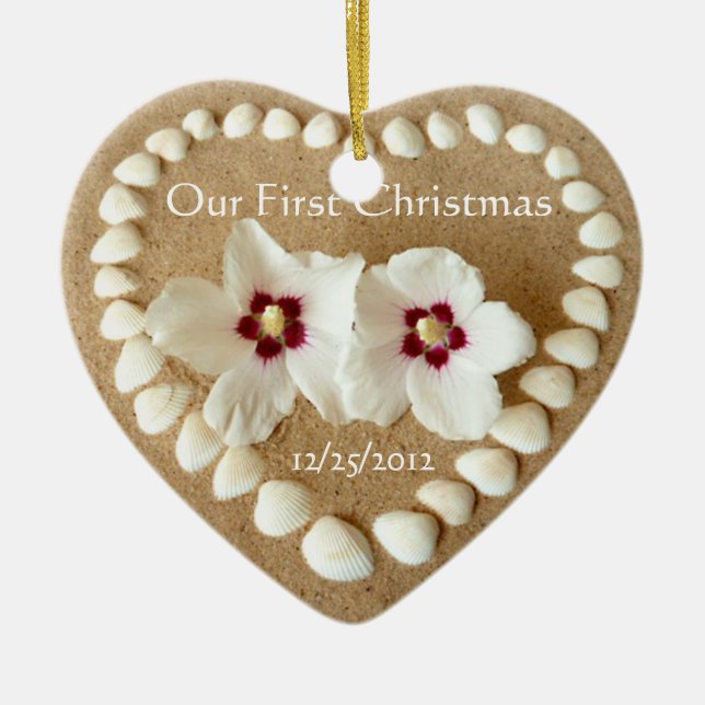 Our First Christmas - Sandy Beach with Heart Shell Ceramic Tree Decoration (Front)