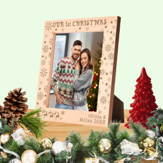 Our First Christmas Santa & Deer Couple Name 8x10 Etched Frames