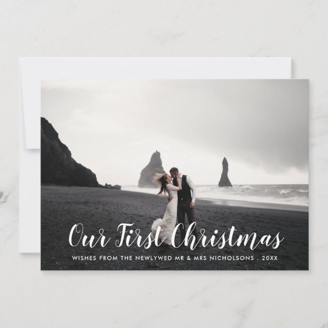 Our First Christmas Script Newlywed Holiday Photo Card (Front)