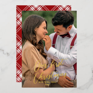 Our First Christmas Script Newlywed Name Tartan Ho Foil Holiday Card