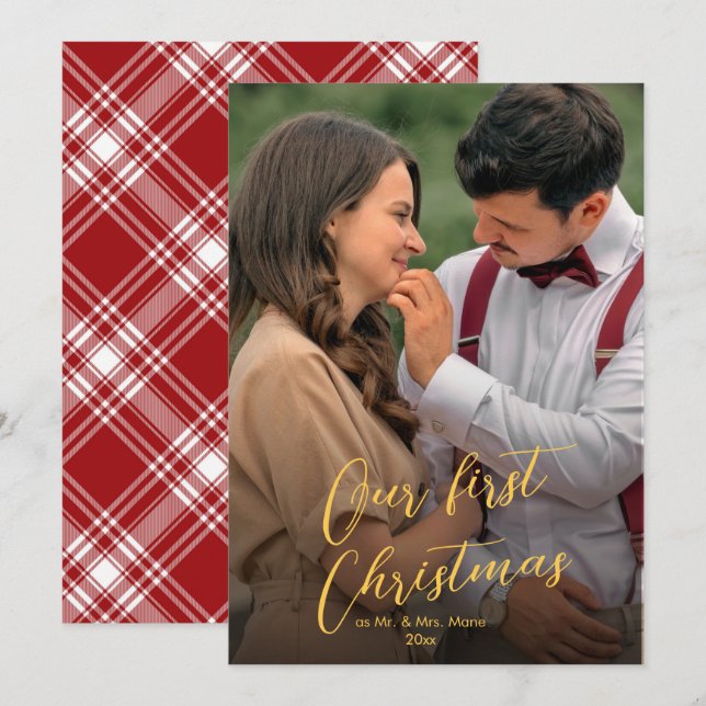 Our First Christmas Script Newlywed Name Tartan Holiday Card (Front/Back)