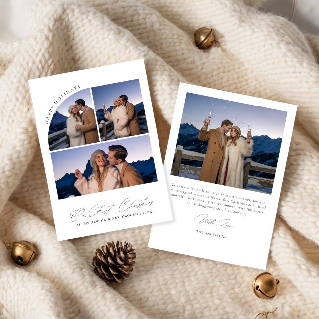 Our First Christmas Script Winter Mountain 4 Photo Holiday Card (Creator Uploaded)