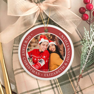 Our First Christmas Simple Couple Photos Red Ceramic Tree Decoration