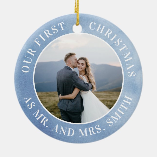 Our First Christmas Snowflake Mr. & Mrs. Picture Ceramic Tree Decoration (Back)
