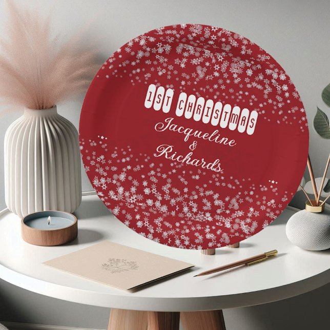 Our First Christmas Snowflakes Red Elegant Custom Paper Plate (Our First Christmas Snowflakes Red Elegant Custom Paper Plates)