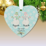 Our First Christmas Snowman Couple Heart Ornament<br><div class="desc">This cute heart shaped acrylic Christmas ornament can be personalised with names on the front and a date or other text on the back. Designed with two matching snow people in on a snowflake patterned background and pine branch accent. Great gift for a new couple's first Christmas..</div>