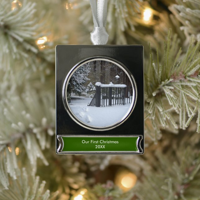 Our First Christmas Snowy Trees Footprints Silver Plated Banner Ornament (Tree)
