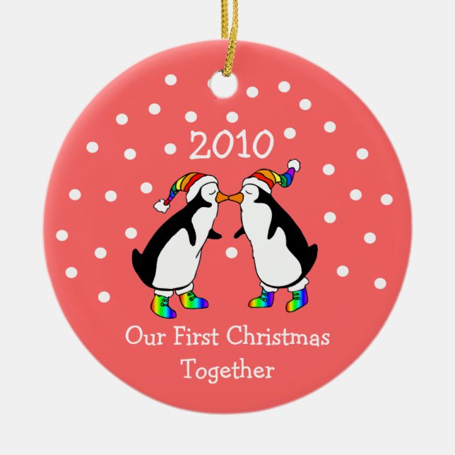 Our First Christmas Together 2010 (GLBT Penguins) Ceramic Tree Decoration (Front)