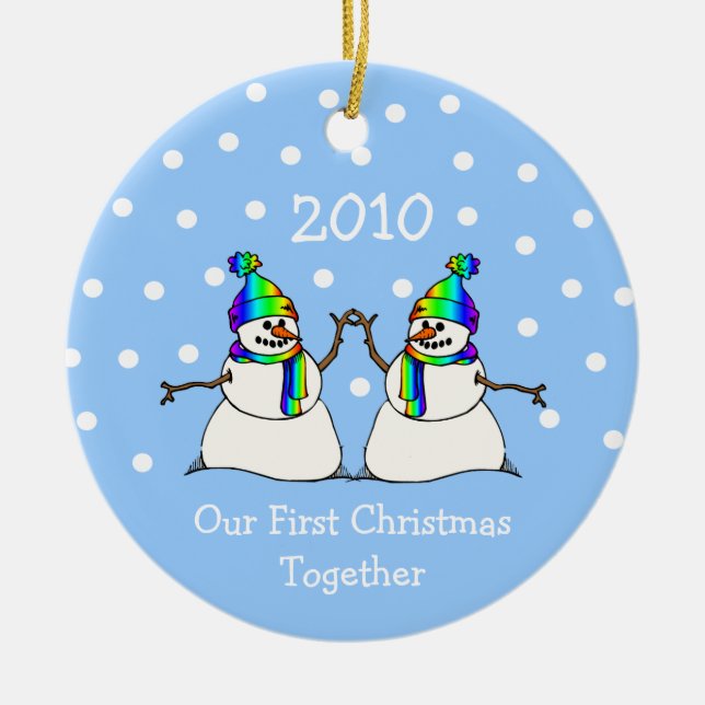 Our First Christmas Together 2010 (GLBT Snowmen) Ceramic Tree Decoration (Front)