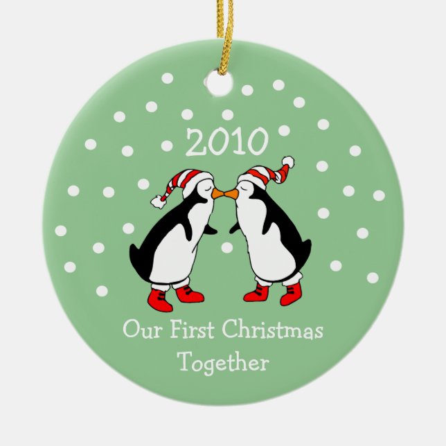 Our First Christmas Together 2010 (Penguins) Ceramic Tree Decoration (Front)