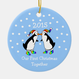 Our First Christmas Together 2015 (LGBT Penguins) Ceramic Tree Decoration