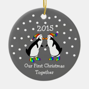 Our First Christmas Together 2015 (LGBT Penguins) Ceramic Tree Decoration