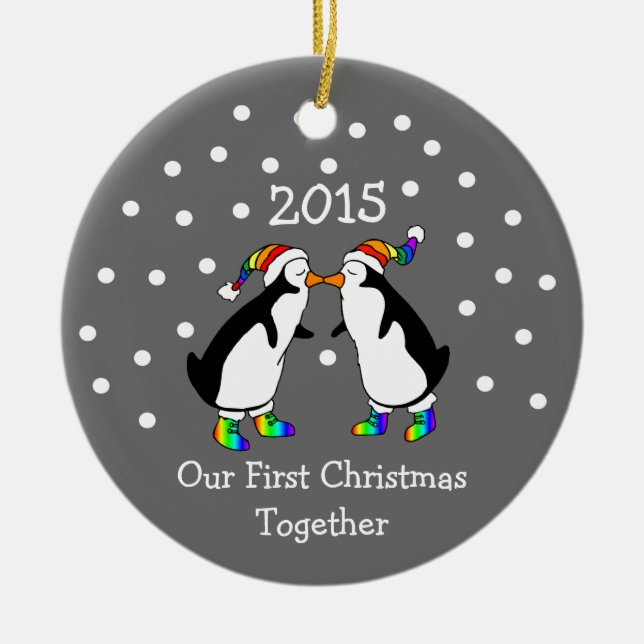 Our First Christmas Together 2015 (LGBT Penguins) Ceramic Tree Decoration (Front)