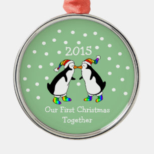 Our First Christmas Together 2015 (LGBT Penguins) Metal Tree Decoration