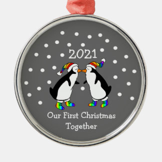 Our First Christmas Together 2021 (LGBT Penguins) Metal Tree Decoration